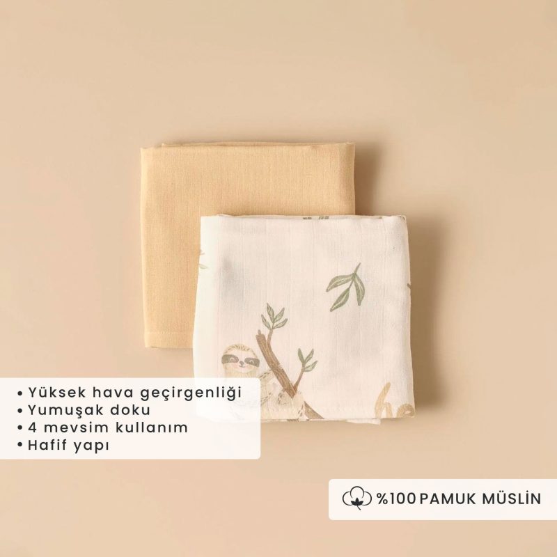 Sloth Muslin Baby Cover Cloth Set - 2 pcs Beige 65x65 cm - Image 4