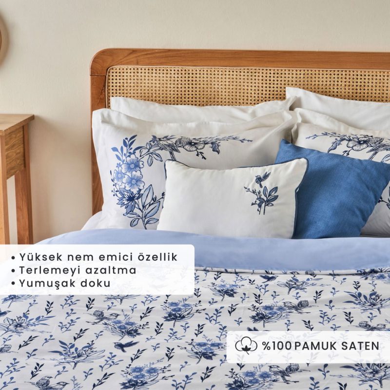 100% Cotton Satin Bleu Blanc Double Duvet Cover Set - Image 2